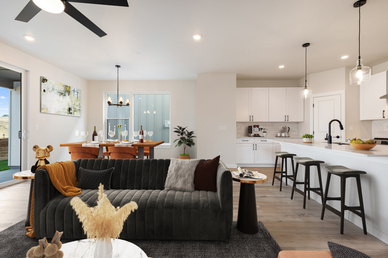 New white home with virtually-staged living and dining room furnishings and barstools in Livingston, Montana