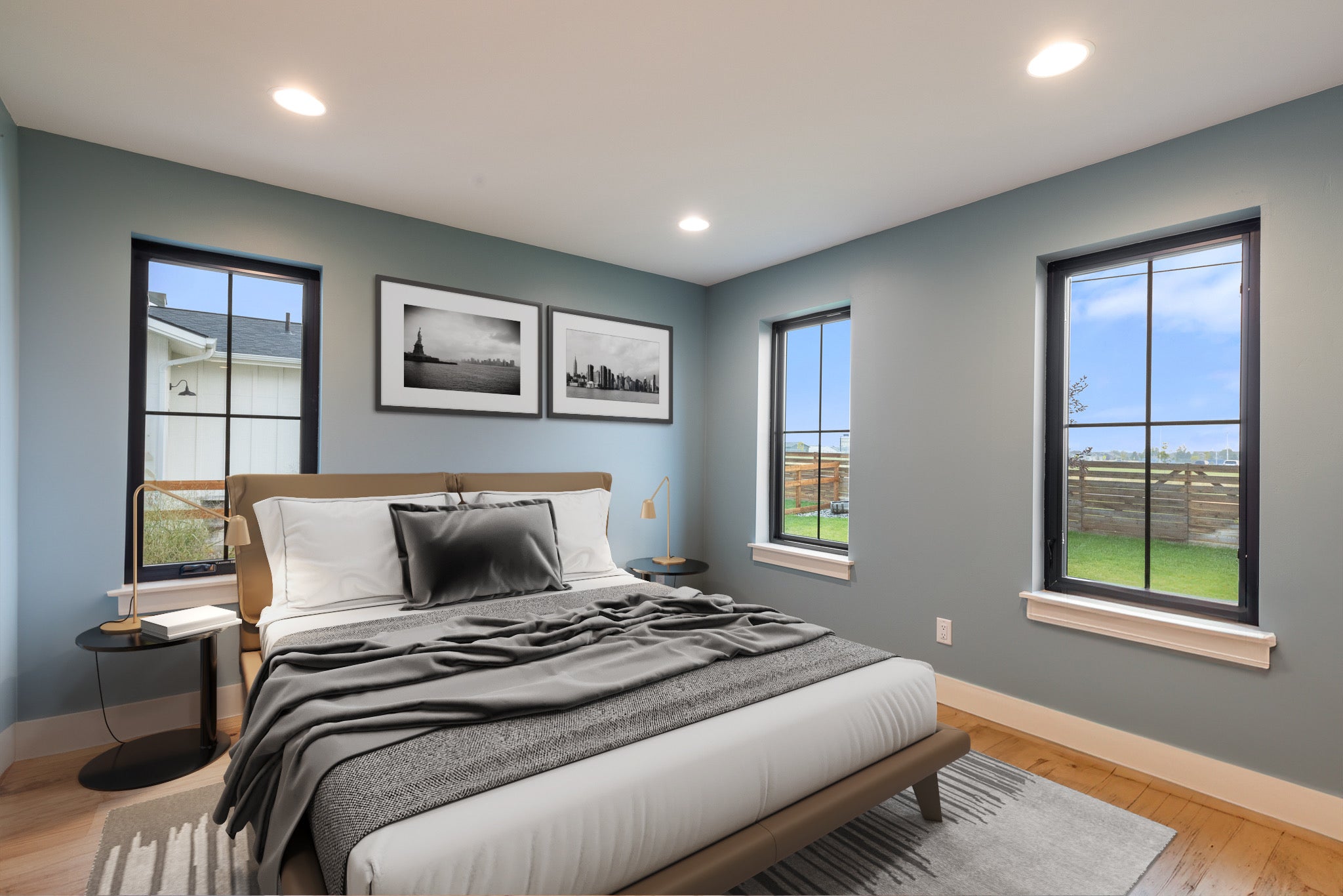 Bright room with teal walls and large windows with virtually staged bed and nightstands in Bozeman, Montana